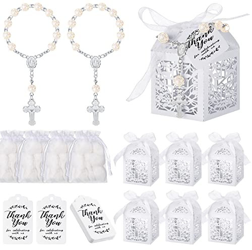 100 Pieces Baptism Favors Set Includes 25 Pieces Mini Rosary, Laser Cut Baptism Favor Boxes, White Organza Bags and 25 Pcs Thank You Tags for Bautizo Recuerdos Christening Wedding Party Supplies