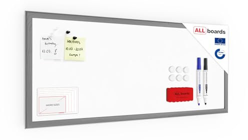 ALLboards Lavagna Magnetica Cancellabile a Secco Bianca con Cornice Argento in Legno 30x70cm