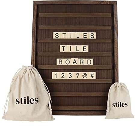 Stiles 23x17 Tile Letter Board Sign Set, Wooden Message Board with 122 Letter Tiles and Numbers, Changeable Letterboard for Menu, Milestone, or Baby Announcement Sign, Walnut