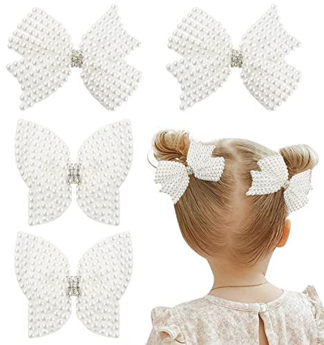 4 lazos para el pelo de perlas para niñas, clip de lazo para el pelo de flores de mariposa blanca, accesorios para el cabello de boda para bebés, bebés y niños pequeños (tamaño pequeño)