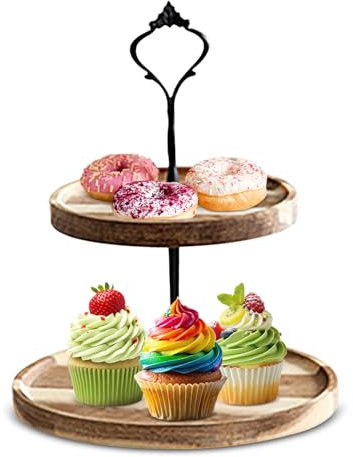 Cake Stand, 2/3 Tier Cupcake Stand Wood Cupcake Tower Round Serving Display Farmhouse Cupcake Display Tiered Tray for Cupcakes Tea Party(01)