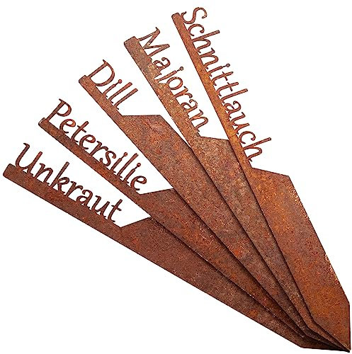 EXTRAVAGANT® Kräuterstecker-Set „Heimatkräuter“ Gartenstecker Gartendeko Gartenschild Pflanzenstecker Metall Stahl Rost Edelrost wetterfest für Garten Beet Roststecker Gartenschild