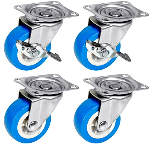 PRIOstahl Lenkrollen Möbelrollen Bremsrollen Schwerlastrollen Transportrollen - 4er SET: 2 Lenkrollen + 2 Lenkrollen mit Bremse 50mm Blaue Rollen für Möbel Spurlos & Leise Premium Rollensatz