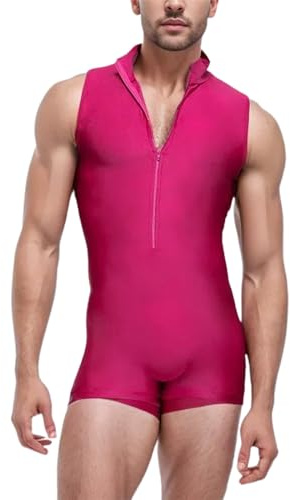 RUMAOZIA Tuta da uomo con colletto alto, chiusura lampo, per sport, fitness, body da palestra, body da bagno, biancheria intima, in neoprene, da uomo, senza maniche, rosa scuro, S