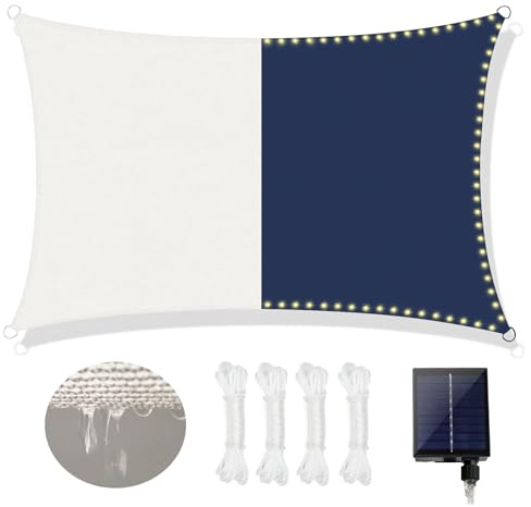 ABIUBIU Sonnensegel 3x4m mit Solar-LED-Automatik – Atmungsaktives Mesh-HDPE, 98% UV-Schutz (UPF50+) & 8 Lichtmodi für Terrasse/Balkon/Garten（Weiß）