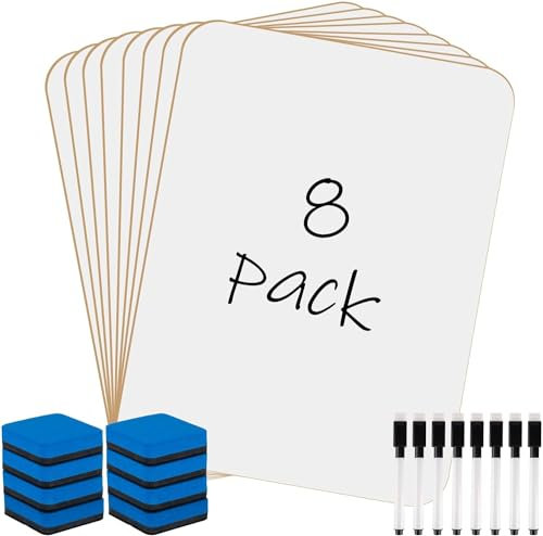 KAHEIGN 8 st små torra raderbara vita brädor, 21 cm x 30 cm dubbelsidig mini-whiteboard hållbar bärbar vit bräda med 8 pennor och 8 radergummi – för studenter lärare klassrum hem kontorsmaterial