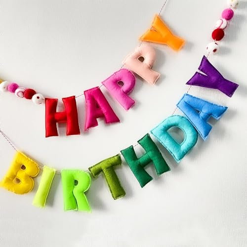 Pre-Strung Happy Birthday Banner - Felt Ball Garland - HAPPY BIRTHDAY Garland, Rainbow Birthday Decorations, Personalized Sign for Decor, Party Decor, Photo Prop (Red)