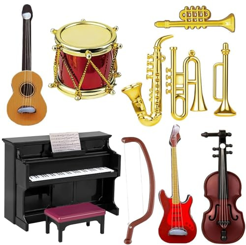 Lot de 12 accessoires miniatures pour maison de poupée - Instrument de musique miniature - 1:12 - Mini maison de poupée - Mini instrument de musique - Modèle pour maison de poupée - Mini salle de