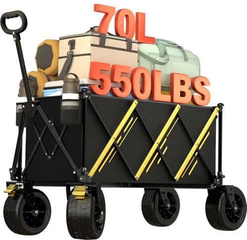 Carrelli pieghevoli, per raccogliere carichi pesanti da giardino, carrello portatile, carrello per animali domestici, con grandi ruote da spiaggia e portabevande per sport, shopping, campeggio