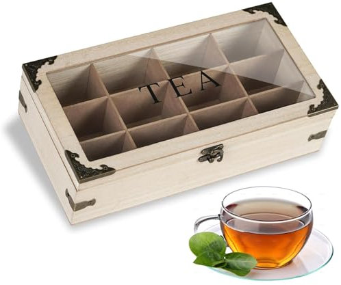 JUJOYBD Teebox für Teebeutel 12 Fächer, Vintage Teebeutelbox mit sichtfenster, Teedose aus Holz Teebeutel Organizer mit klappbarem Deckel