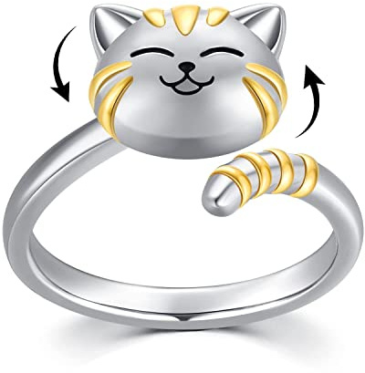 Vadmans Cat Fidget Spinner Ring Sterling Silver Cat Ring Anti Stress Jewelry Gifts for Women Men