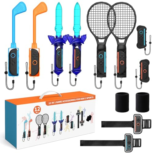 LONGYI Switch 2 Sportstillbehörsset, 12-i-1-speltillbehörspaket för JoyCon, Switch 2 sportpelstillbehör med golfklubba, tennisracketar för familjer och vännerfester