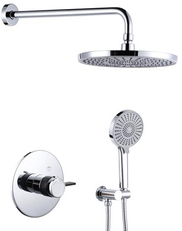 Système de douche avec thermostat encastré - 25 cm - Rond - Douche à effet pluie - Pommeau de douche haute pression pour la salle de bain - Douche à effet pluie - Montage mural