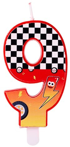 Födelsedagsljus med Racingtema, Rött Rutigt Sifferljus med Blixtar och Bilhjulsmönster för Födelsedagsfest Babyshower Racingbilstemafest Dekoration(Nummer 9)