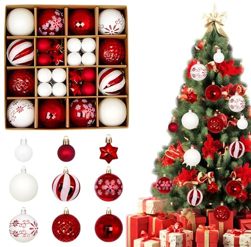 KEORHEZ Lot de 44 boules de Noël - Décoration de sapin de Noël - Boules de Noël - Rouge et Blanc