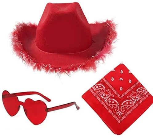SYTTNUM Cappelli Cowboy Set da 3pcs, Cappello da Cowboy Rosso Western, Cappello Cowboy Bambina, Adatto per Feste in Maschera Feste in Costume e Regali di Compleanno