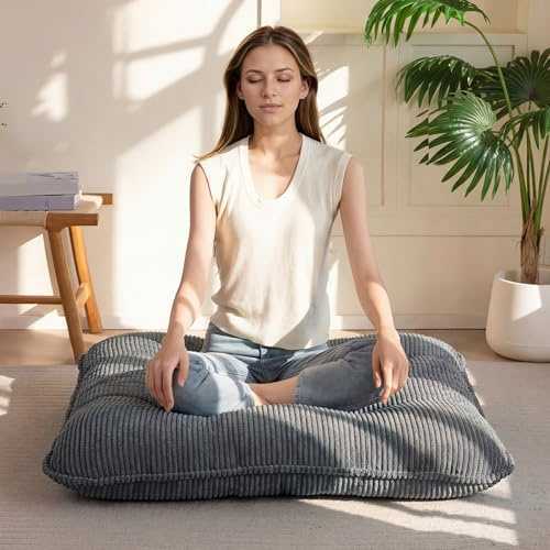 35 Washable Floor Pillow Cushion for Adults, Meditation Cushion Pillow, Extra Large Square Floor Sitting, Removable Tufted Corduroy Cover, for Tatami Living Room or Yoga, Dark Grey, Machine Washable