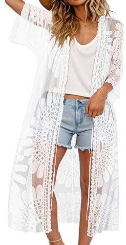 florynova Womens Beach Cover Up Lace Swimsuit Coverups Summer Kimono Cardigan Open Front Bikini Tops(White)