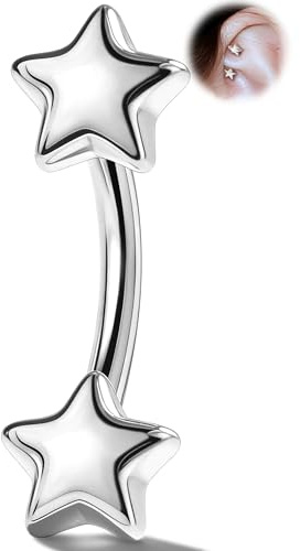 OUFER Piercing para oreja de acero inoxidable 316L con doble estrella, de acero inoxidable 316L, para hélice, ceja, curvado, de plata de 6/8 mm, para mujer y hombre