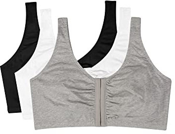 Fruit of the Loom Women's Front Close Builtup Sports Bra, Black/White/Heather Grey, 44 (Pack of 3)