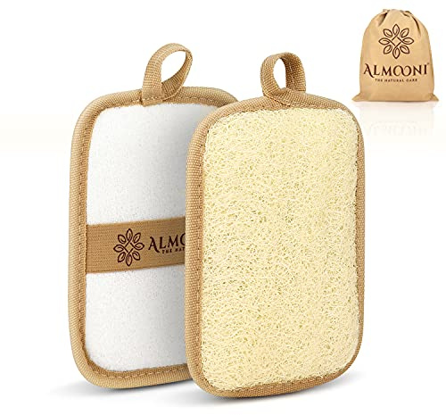 Almooni Premium Egyptian Exfoliating Loofah Pad Body Scrubber - Rectangular loofa Shape - Made with Natural Egyptian Shower lufa Sponge That Gets You Clean, Not Just Spreading Soap (2 Pack)