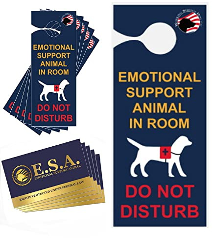 Emotional Support Animal Travel Kit – Includes 5 “ESA In Room – Do Not Disturb” Door Hangers and 5 ESA Informational Cards – Hotel Room Privacy Signs for ESA Travel – Made in USA