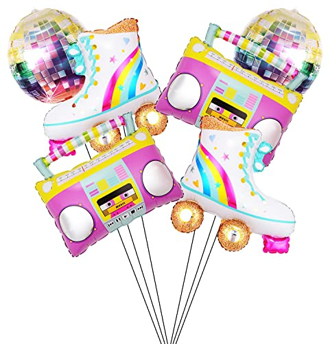 Kawailay 6 Stück 22 Zoll 4D Disco Folien Ballons Rainbow Rollerskate Radio Boombox Luftballons 70er Jahre Disco Party Aluminium Ballons für Tanz Party Hochzeit Geburtstag Abschlussfeier Bunt