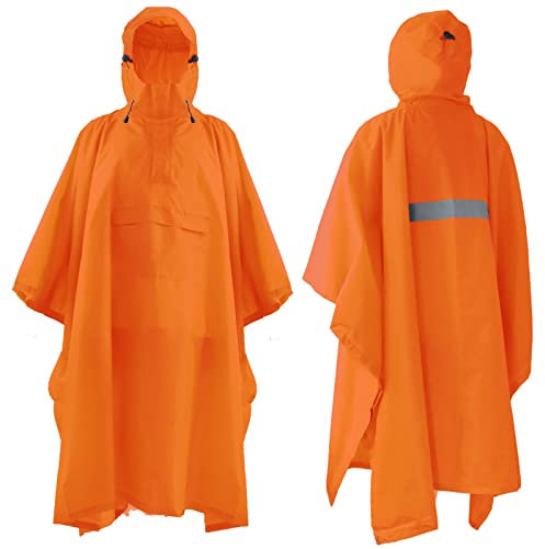 ElifeAcc Vattentät poncho vuxen regnponcho med huva lätt och återanvändbara vindtäta spännen multifunktionell cape för utomhusaktiviteter, Lätt-Orange, one size