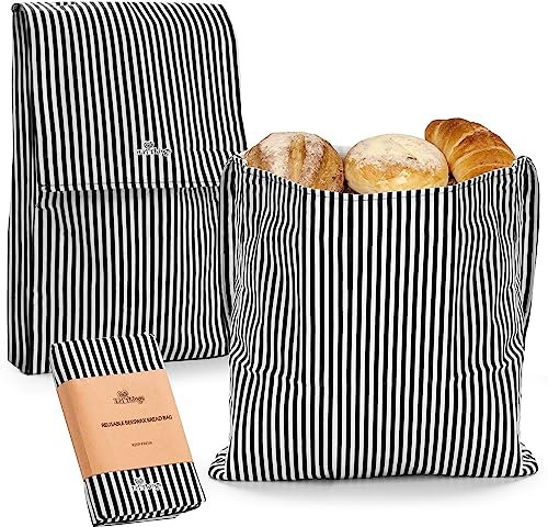 Li’l Things Reusable Beeswax Bread Bags | 2 Sizes for Sourdough & Loaves | Keeps Bread Fresh Naturally | Plastic-Free Food Storage | Stripey Black