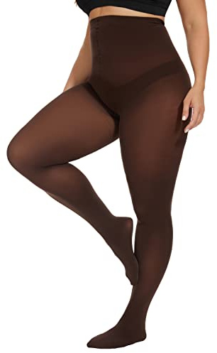 CozyWow Plus Size Tights for Women 80D Soft Solid Color Semi Opaque Pantyhose High Waist 1X 2X 3X 4X Brown-2XL