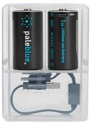 Rechargeable C Batteries with USB Charger by Pale Blue, Lithium Ion 1.5v 2800 mAh, Charges Under 3.5 Hours, Over 1000 Cycles, 2-in-1 USB to USB-C Charging Cable, LED Charge Indicator, 2-Pack