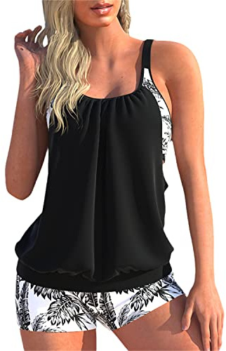 tinbarry Tankini Donna Costume da Bagno a Due Pezzi Push Up Set Bikini Stampato Dimagrante Moda Spiaggia Costumi da Bagno Eleganti Canottiera con Pantaloncini da Bagno Beachwear