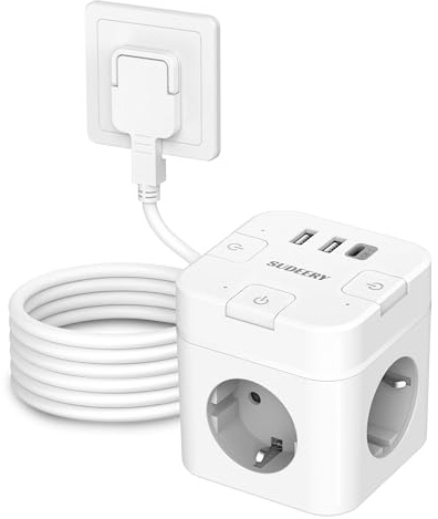 6 in 1 Steckdosenwürfel mit USB C, 3 Fach Cube Steckdose Steckerleiste Flachstecker mit Einzeln Schaltbar, Mehrfachstecker Würfel mit 4M Kabel für Büro Hause Reisen (Weiß)