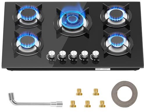 Gas Hob 5 burners, Built in Black Glass Gas Hob with Flame Out Protection,with Cast Iron Supports,NG/LPG Convertible