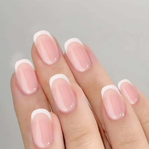 GOZINA 24 Faux Ongles Court, Dégradé de Rose Faux Ongles Autocollants, French Ongles a Coller, Ongle Autocollant Reutilisable Convient Pour Les Femmes et Les Filles (Fin blanche, Moyen)