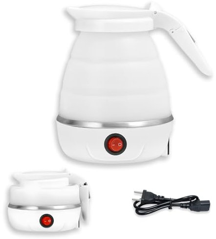 Bollitore Elettrico Piegevole 600ml, Mini Bollitore da Viaggio, Portatile per Campeggio, Escursionismo e Hotel - Compatto e Leggero (Bianco)