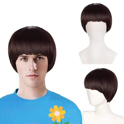 FOUNSHO Short Brown Bob Wig with Band For Men Women, Short Mushroom Wig Funny Nerd Hairs Bowl Cut Hairstyle, Men's 60s 70s 80s Cosplay Costume Fancy Dress Party Hairs Halloween Cosplay (Brown)