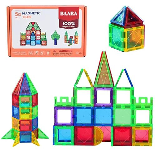 Magnetic Tiles Kids Toys STEM Magnet Toy for Toddler Magnetic Blocks Building Preschool Learning Sensory Montessori Toys for 3+ Year Old Boys and Girls, Safe Creativity Toddler Kids Toy 50pc