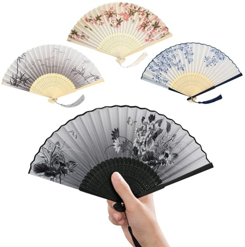 Rieoany Set 4 Ventagli Carta Pieghevoli Cinesi | Ventagli in Carta Nero, Grigio, Blu e Rosa con Manico Legno, Nappe & Effetto Seta | Ideale per Decorazione e Rinfresco