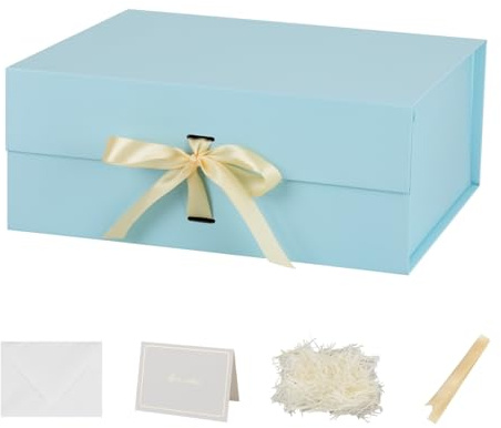 Blau Magnetische Geschenkbox mit Deckel groß 32x28x13.5cm mit Geschenkbeutel, Schleife, Raffia & Grußkarte