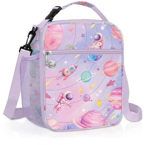 Clastyle Space Insulated Lunch Bag Star Large Thermal Cooler Bag for Kids Picnic Lunch Box Tote, Pink Planet
