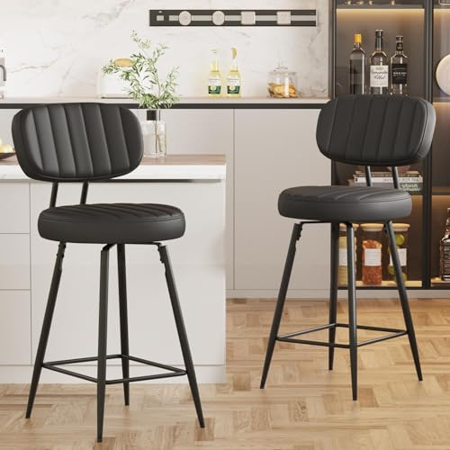 Ckaff Lot de 2 Tabouret de Bar Pivotants 360°, Tabouret de Cuisine en Cuir PU, Chaise de Bar Hauteur 66cm, Tabourets de Comptoir avec Repose-Pieds et Dossier pour Cuisine, Comptoir, Bar, Noir