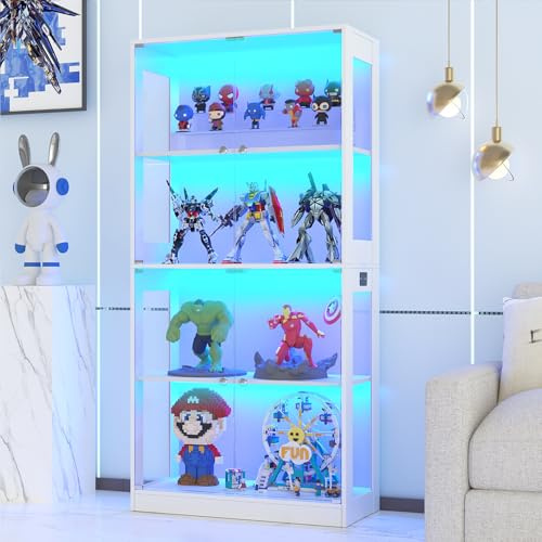 VOWNER 4-Lagen LED Vitrine mit Glastür, Vitrinenschrank mit 3-farbige Beleuchtung Bewegungssensor, Glasvitrine für Sammlerstücke, Bücherregal für Wohnzimmer, Schlafzimmer, Büro (Weiß, 4 Regalböden)