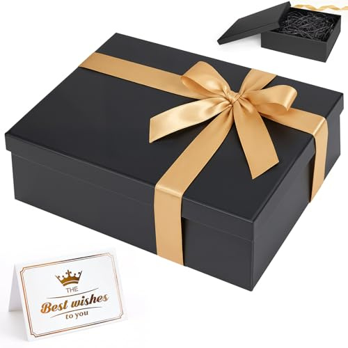 Samlior Boîte Cadeau 25x18x8,5 cm, Boîtes Cadeaux avec Couvercle Ruban Carte de Vœux, Boite Cadeau Vide pour Anniversaire Mariage Saint-Valentin Noël Fête des Mères-Noir