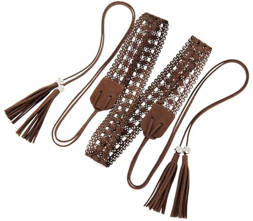 WHIPPY Boho Braided Tassel Belt for Women Western Ethnic Dress Belts Cowgirl Vintage Hollow Floral Waistband with Wax Rope, Coffee S