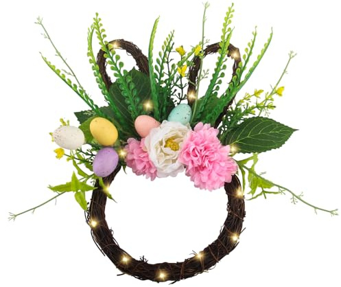 GZGXKJ Ghirlanda Pasquale per Porta con Luci a Corda Ghirlande Pasquali Coniglio in Rattan Decorazione Porta Ingresso Addobbi Pasquali Ghirlanda Primaverile