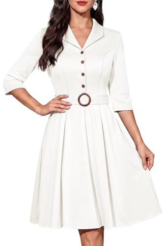 Fynadressr Women’s Vintage Lapel Collar Midi Tea Church Cocktail Dress 3/4 Sleeve Fit and Flare Work Office Dress with Detachable Belt Formal Wedding Guest Graduation Dress White M