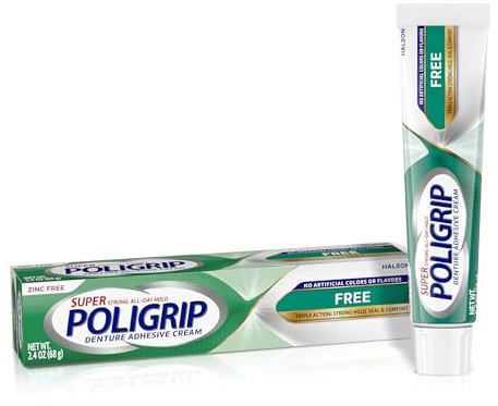 Super PoliGrip Denture Adhesive Cream, Free of Artificial Flavors and Colors, 2.4 Oz