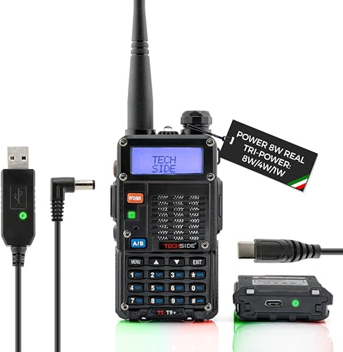 TechSide Walkie Talkie 8W | TS-T9+ Radio Ricetrasmittente Dual Band VHF UHF Tri-Power | Firmware Italiano | Batteria 1800mAh con Ricarica USB-C | 128 Canali, PMR446 VOX | Qualità e Assistenza Italiana