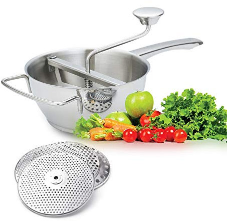 AMOMGard, passaverdure in acciaio inox 18/10, 4 inserti per setaccio, lavabile in lavastoviglie, per passare frutta e verdura zuppa, marmellate, salse